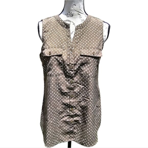 Croft & Barrow -1517 Olive White Speckled Split V-Neck Chest Pockets Blouse S - Picture 1 of 7